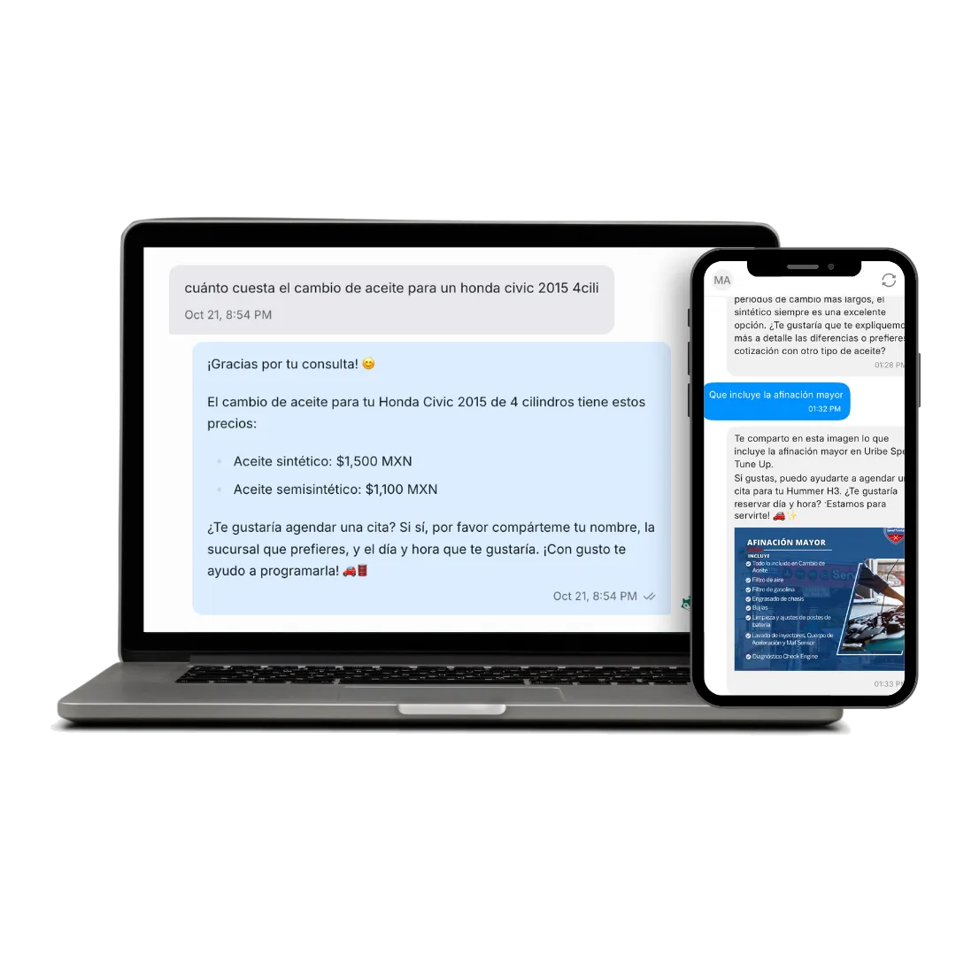 Uribot answering an oil-change price question with exact peso prices, then offering to book an appointment