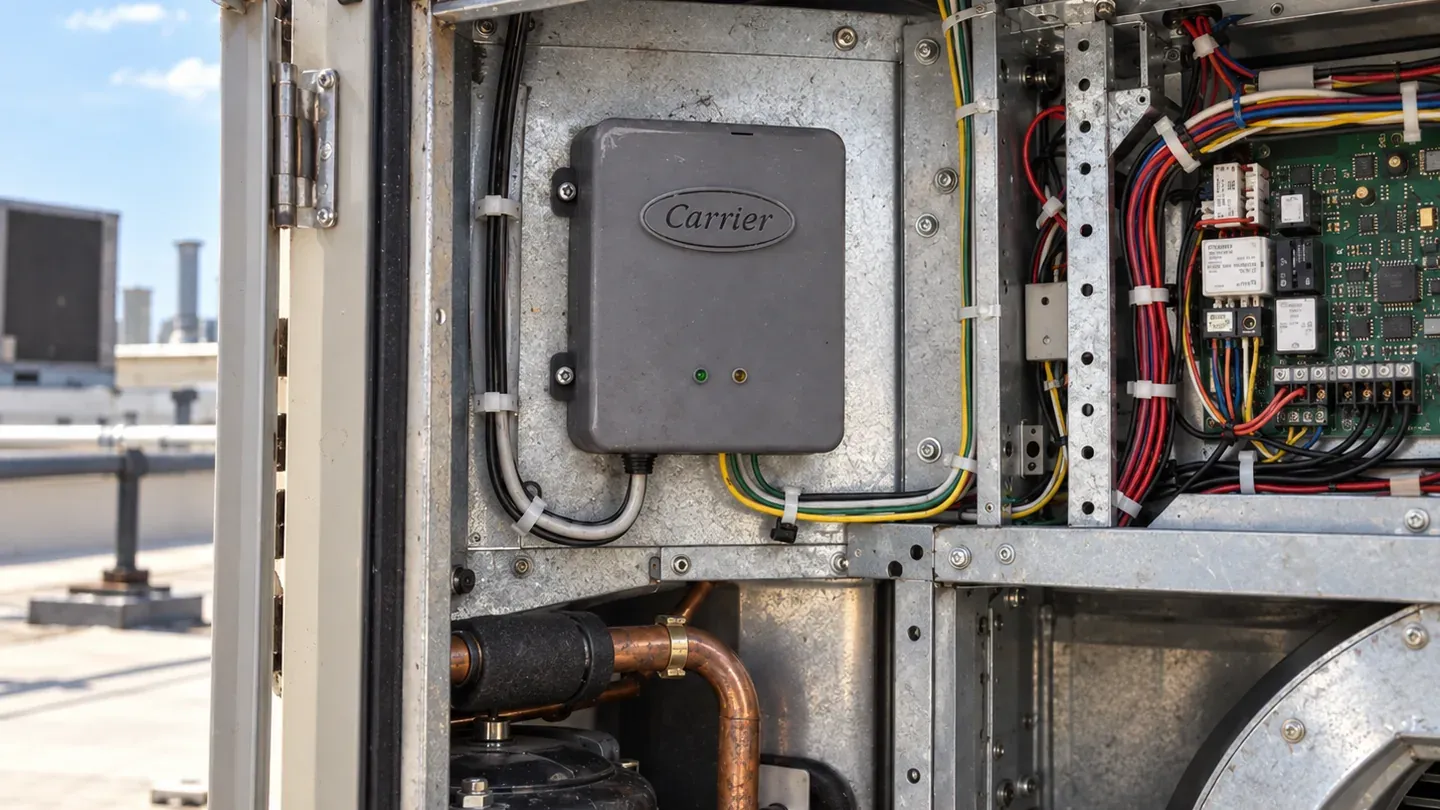 SentinelBox gateway mounted inside a rooftop HVAC unit, with the HVAC control board visible beside it